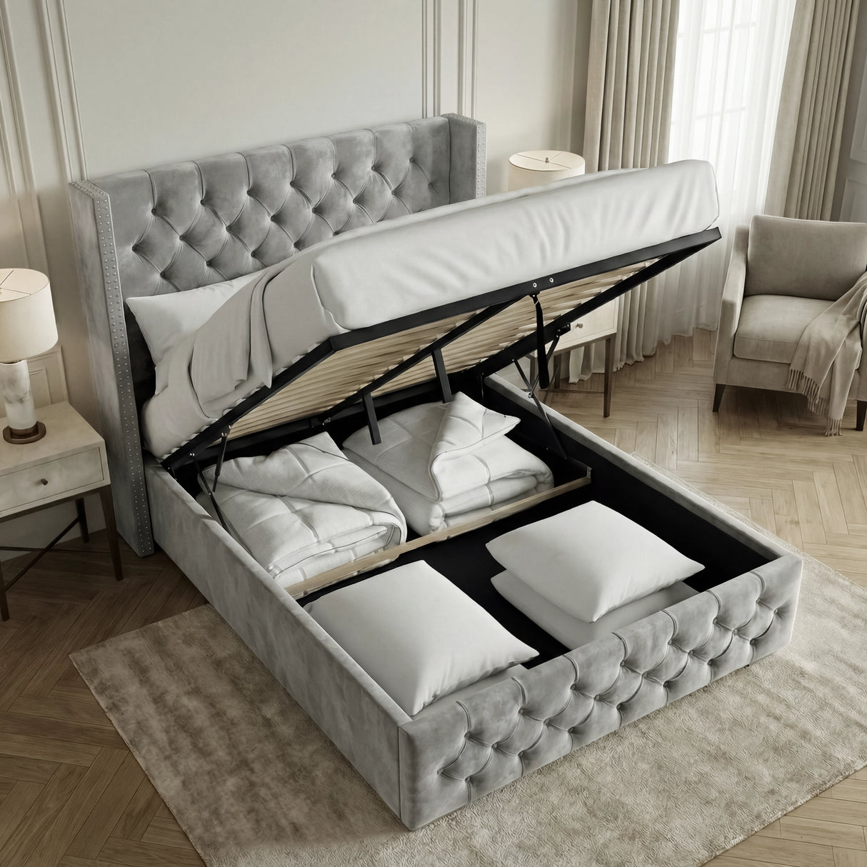 [Small Double | Light Grey] Side view of raised ottoman base displaying stored bedding and pillows in modern bedroom