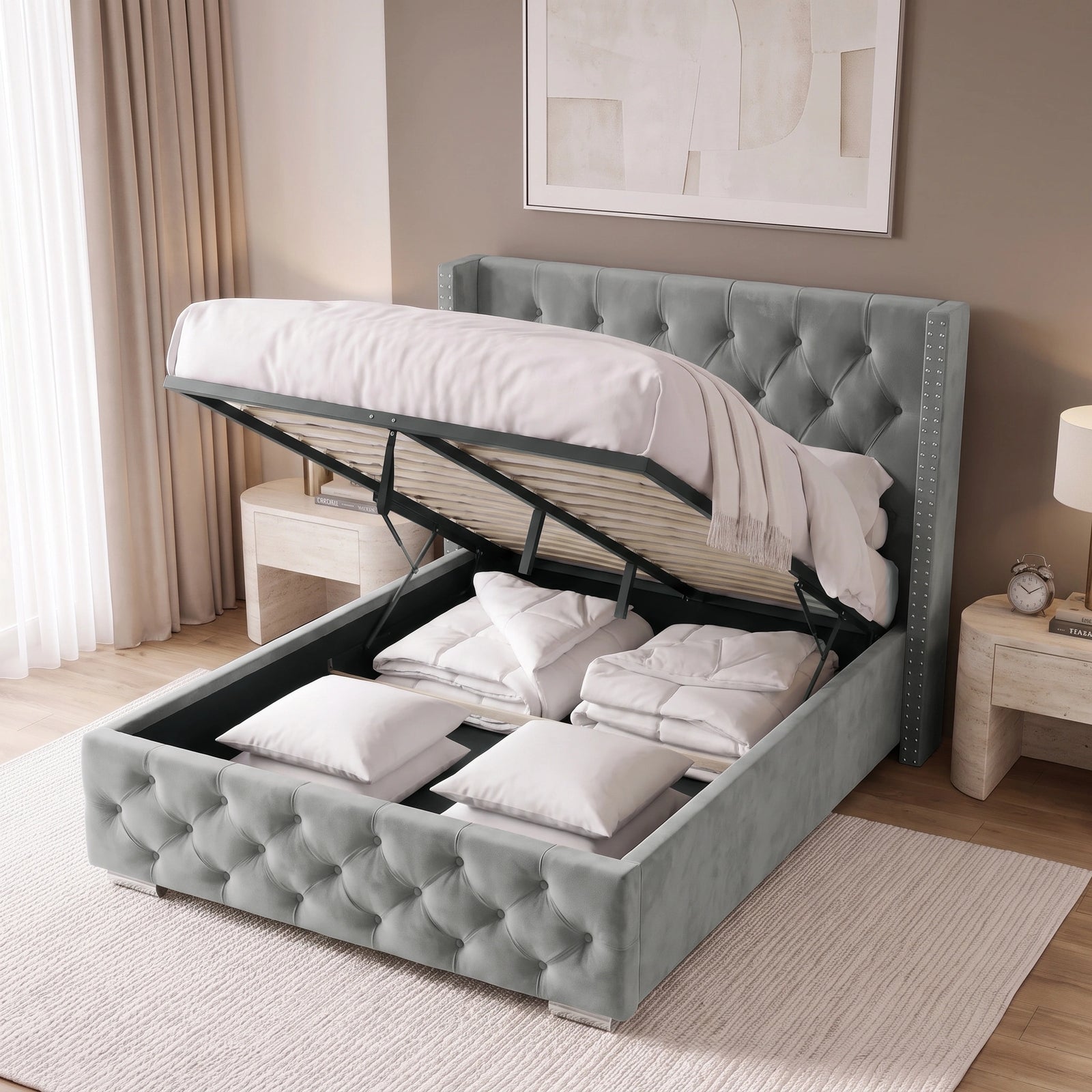 [Small Double | Light Grey] tufted storage bed frame with a raised lift-up headboard and footboard, shown in a styled bedroom with white bedding and folded linens inside the open storage compartment.