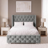 [Small Double | Light Grey] upholstered bed frame with a high tufted headboard and matching footboard in a light grey velvet, styled in a symmetrical bedroom with white bedding, matching nightstands, and lamps.