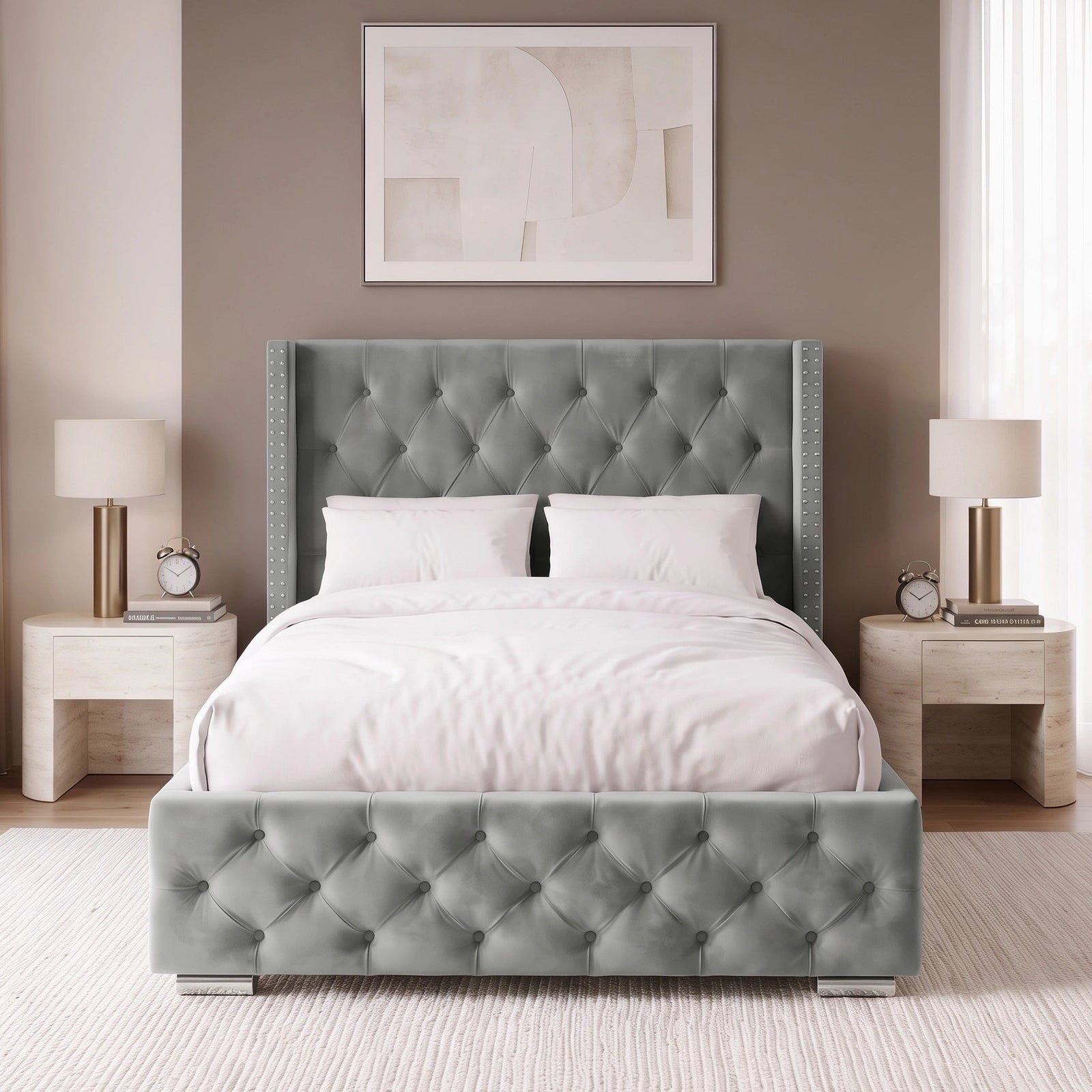 [Small Double | Light Grey] upholstered bed frame with a high tufted headboard and matching footboard in a light grey velvet, styled in a symmetrical bedroom with white bedding, matching nightstands, and lamps.