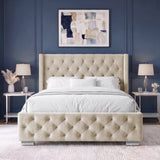 [Double | Beige] Front view of Cross ottoman bed with diamond tufted headboard and footboard centred between nightstands