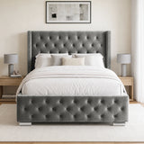 [Double | Grey] Cross ottoman bed front view, grey velvet winged headboard and tufted footboard centred with bedding dressed