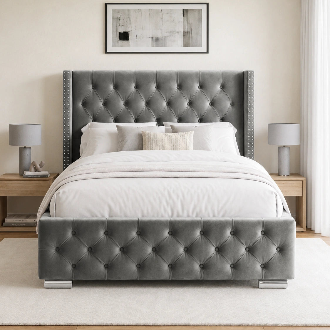 [Double | Grey] Cross ottoman bed front view, grey velvet winged headboard and tufted footboard centred with bedding dressed