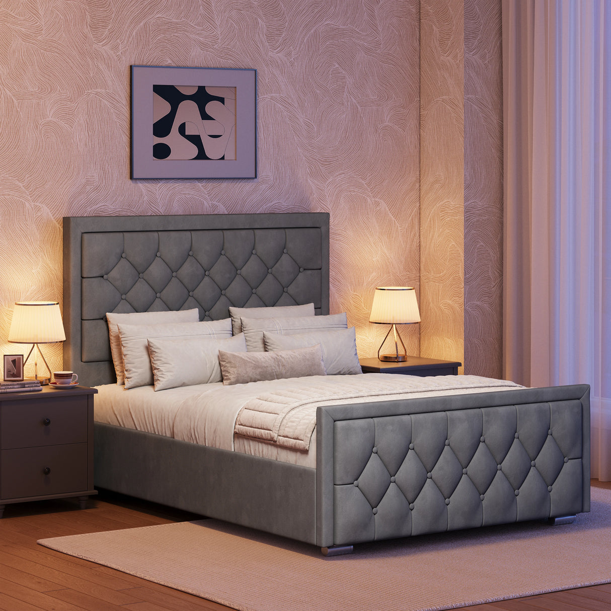 Grey ottoman bed with cross-puffed headboard and footboard placed between two bedside tables in a modern bedroom