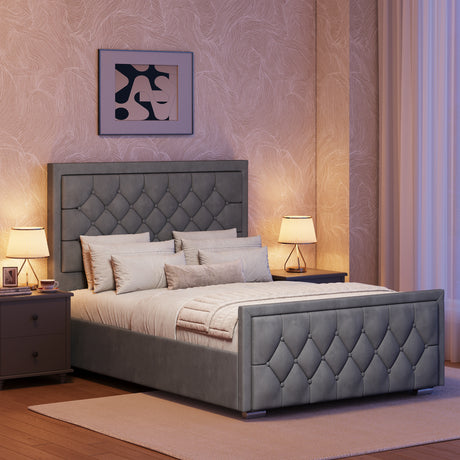 Grey ottoman bed with cross-puffed headboard and footboard placed between two bedside tables in a modern bedroom