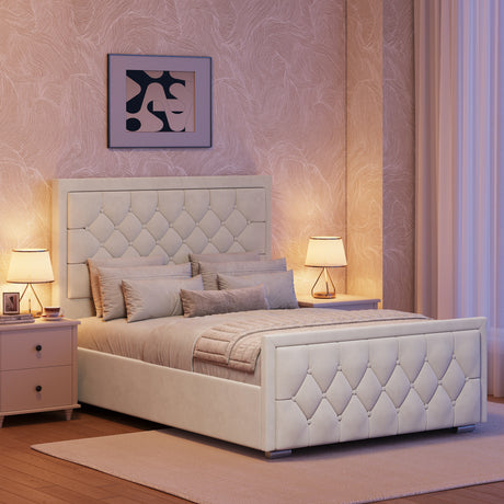 Upholstered kingsize ottoman bed with tufted headboard placed between two bedside in a modern bedroom 