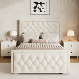 Front view of an ottoman bed frame with a matching cross-puffed headboard and footboard placed between two bedside tables.