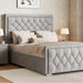 Light grey ottoman double bed with cross-puffed design placed close to a bedside table in a stylish bedroom.