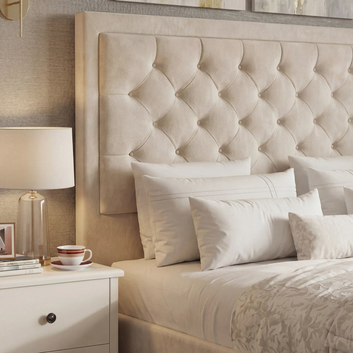 [Double | Beige] Headboard detail showing classic diamond tufting with deep button pulls on plush velvet