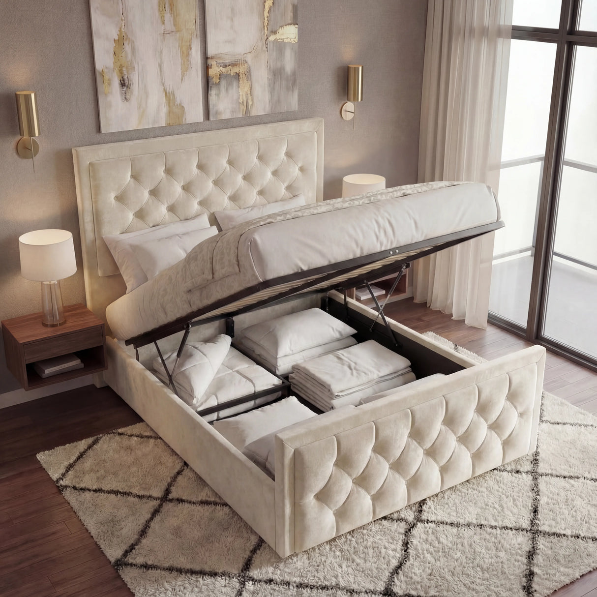 [Double | Beige] Ottoman bed lifted open showing deep gas-lift storage with folded linens and pillows inside