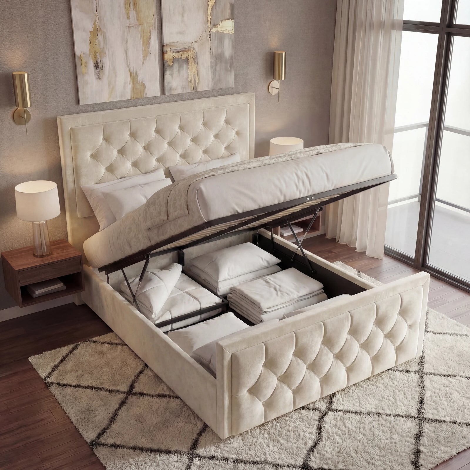 [Double | Beige] Ottoman bed lifted open showing deep gas-lift storage with folded linens and pillows inside