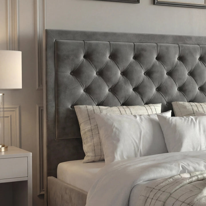 [Double | Grey] Cross puffed ottoman bed headboard close-up showing diamond button-tufted velvet panel