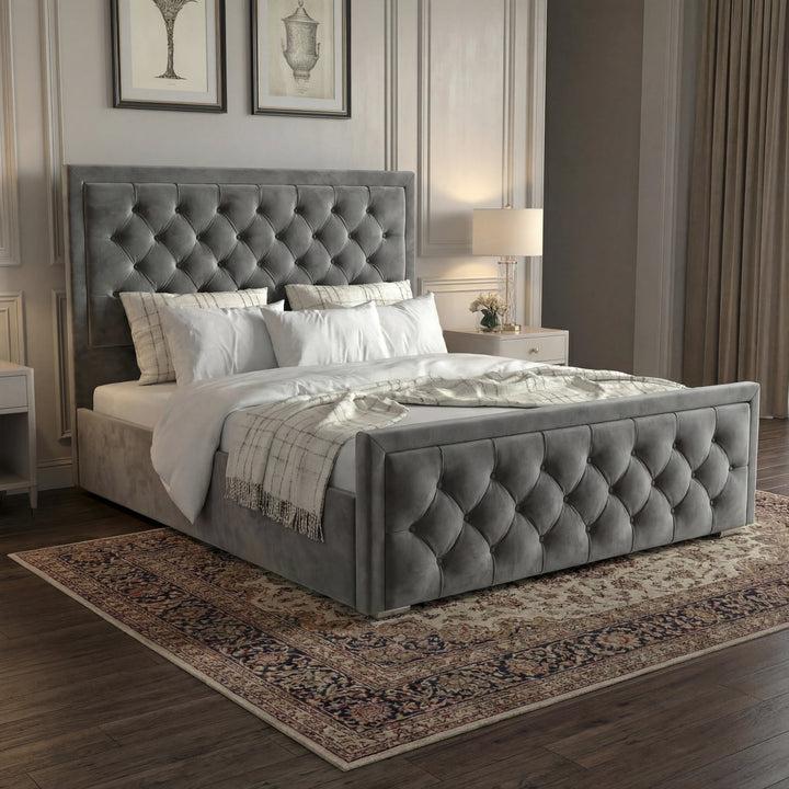 [Double | Grey] Side angle of cross-puffed ottoman bed showing tufted headboard and footboard in styled room