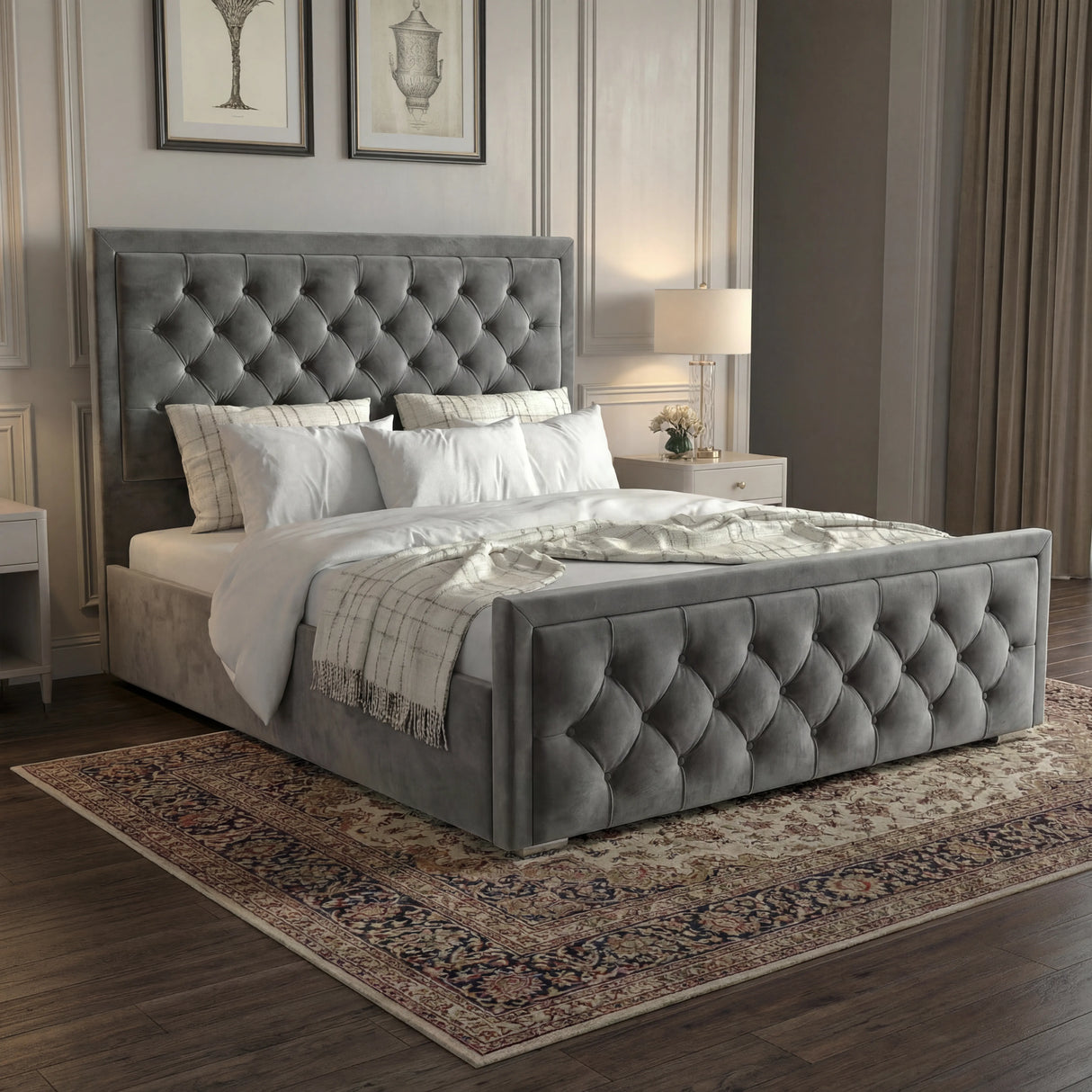 [Double | Grey] Side angle of velvet ottoman bed with deep chesterfield button-tufted headboard and matching footboard