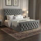 [Double | Grey] Side angle of velvet ottoman bed with deep chesterfield button-tufted headboard and matching footboard