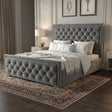 [Double | Grey] Cross Puffed Ottoman Storage Bed - Velvet Ottoman Bed Frame in grey with tufted headboard and footboard
