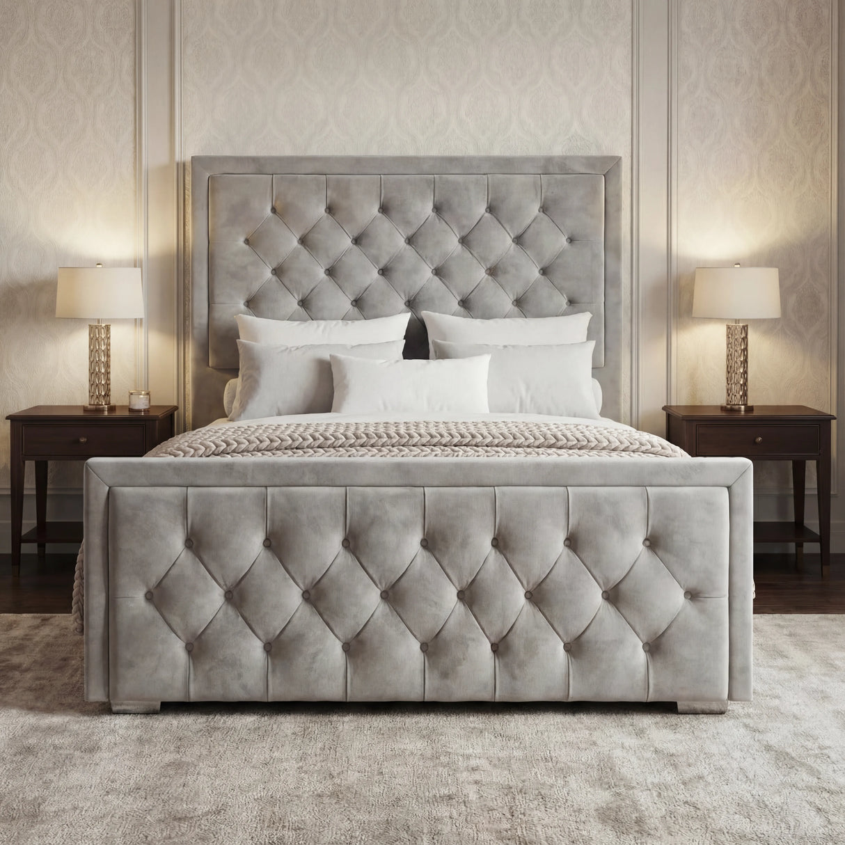 [Double | Light Grey] Symmetrical view showing deep button tufting on headboard and footboard with white bedding