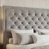 [Double | Light Grey] Close-up of deep chesterfield button-tufted headboard with puffed diamond velvet panels