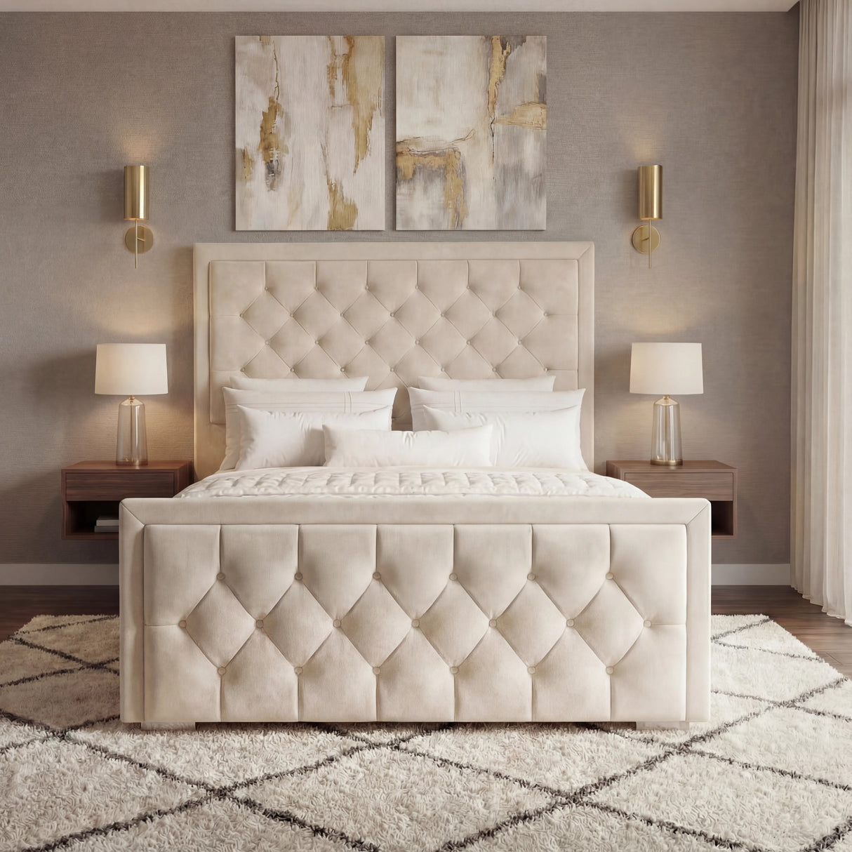 [King | Beige] Symmetrical view showing deep button tufting on headboard and footboard with white bedding