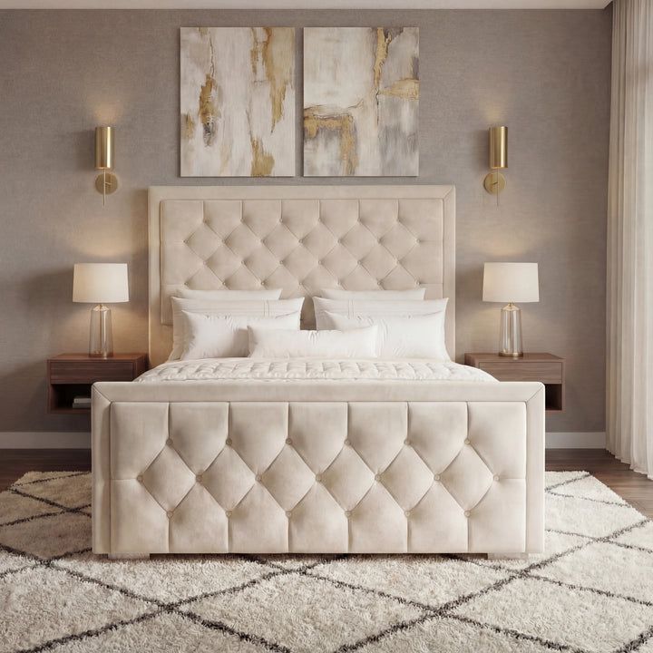 [King | Beige] Symmetrical view showing deep button tufting on headboard and footboard with white bedding