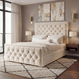 [King | Beige] Side angle of cross-puffed ottoman bed showing tufted headboard and footboard in styled room