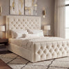 [King | Beige] Ottoman bed from the side with puffed diamond-tufted headboard in classic room with Persian rug