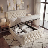 [King | Beige] Ottoman bed lifted open showing deep gas-lift storage with folded linens and pillows inside