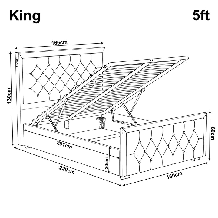 [King | Grey] Dimensions diagram showing 166cm headboard width and 220cm length with 130cm height