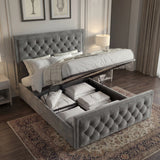 [King | Grey] Cross-puffed ottoman with storage exposed showing compartment with towels and bedding