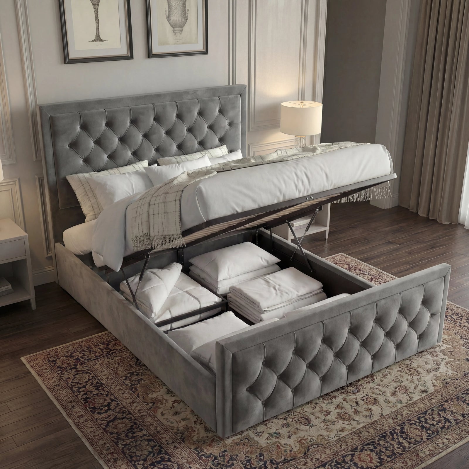 [King | Grey] Cross-puffed ottoman with storage exposed showing compartment with towels and bedding