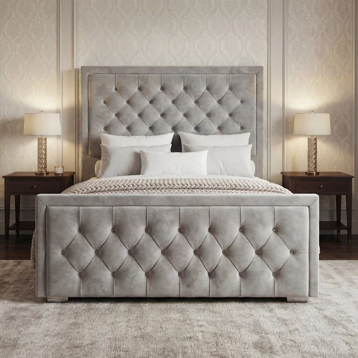 [King | Light Grey] Symmetrical view showing deep button tufting on headboard and footboard with white bedding