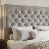 [King | Light Grey] Tufted velvet headboard texture with puffed cross-stitch pattern and white pillows below