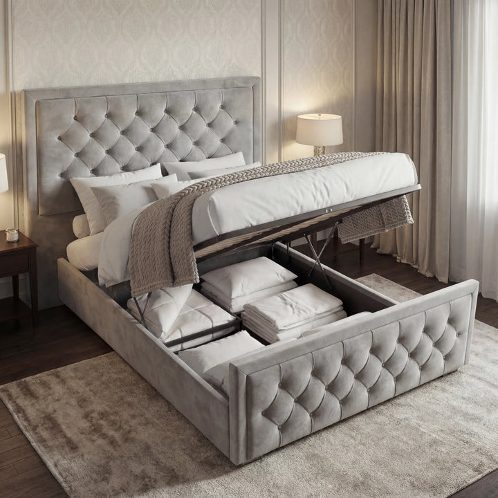 [King | Light Grey] Ottoman bed lifted open showing deep gas-lift storage with folded linens and pillows inside