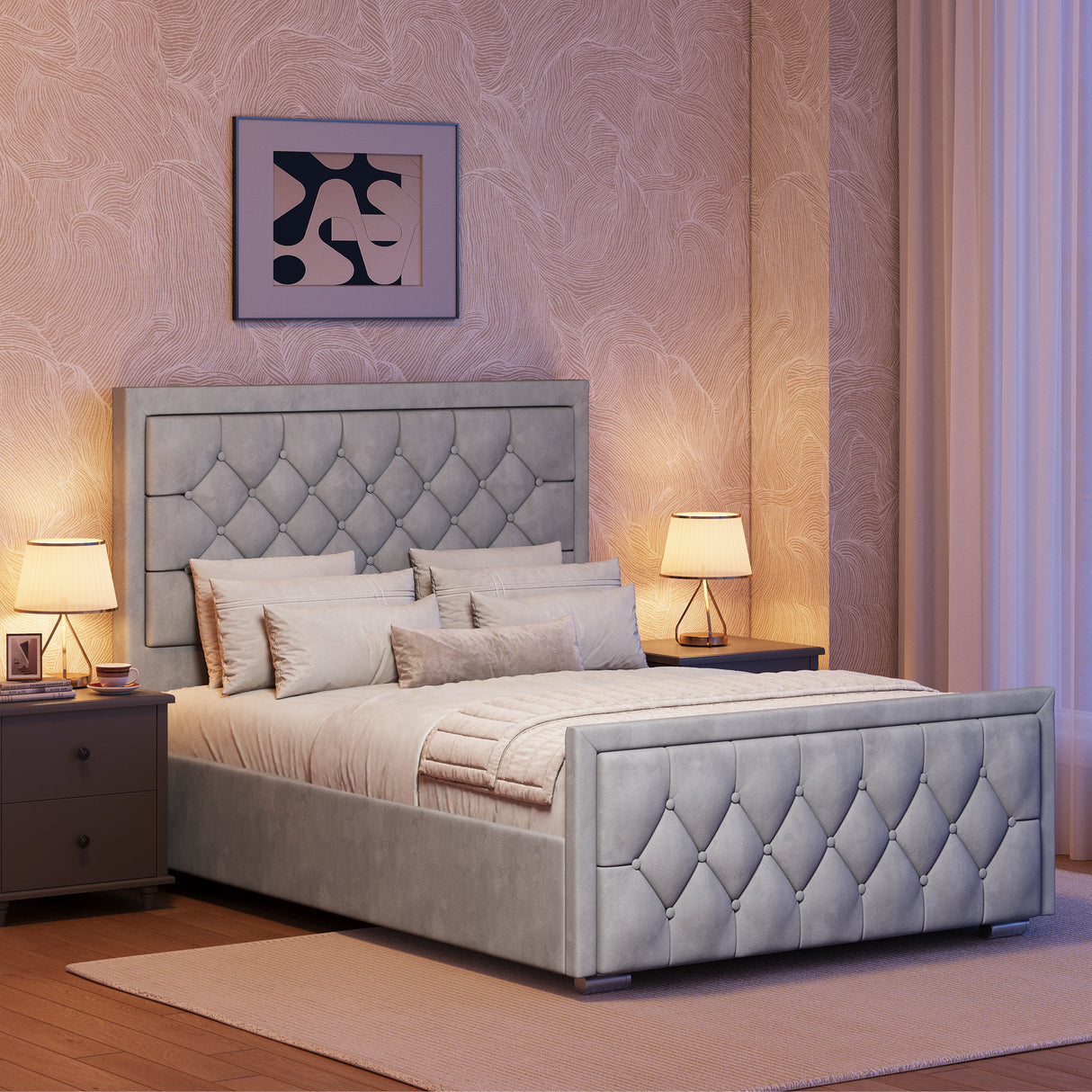 light grey storage beds double with cross puffed upholstery placed between warm bedside table in a softly lit bedroom