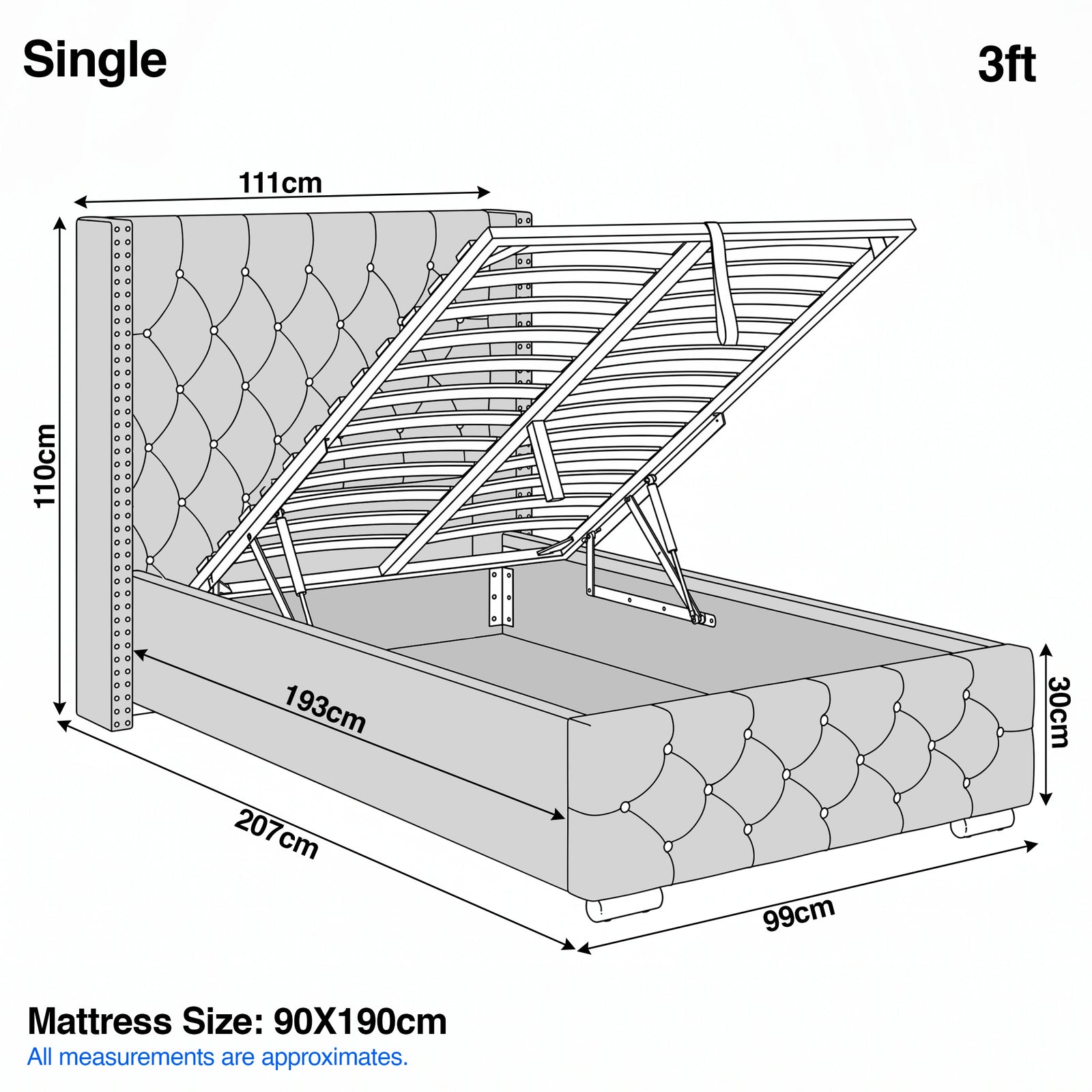 [Single | Grey] Cross ottoman bed single dimensions, 111 by 207 cm, 119 cm headboard height