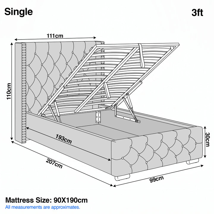 [Single | Grey] Cross ottoman bed single dimensions, 111 by 207 cm, 119 cm headboard height