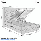 [Single | Light Grey] Cross ottoman bed single diagram: 111cm width, 207cm length, 110cm headboard