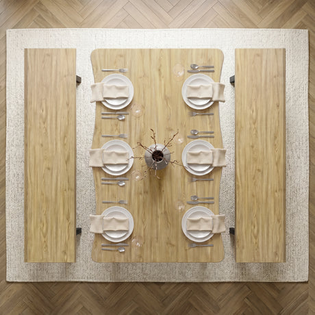 [Light Oak] Crosswick Industrial 6 Seater Dining Table with Benches top-down aerial view of the six-person dining set arrangement neatly organized with white plates and glassware