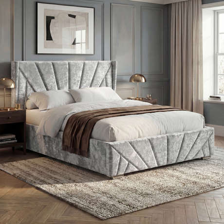 [Double | Silver] Silver crushed velvet Double bed shown from corner, sunburst-segmented panels on base side and foot