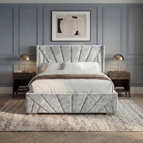 [Double | Silver] Double ottoman bed in silver crushed velvet, two grey scatter cushions on white bedding