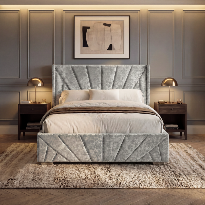 [Double | Silver] Silver crushed velvet Double bed front view in evening light, brown throw across foot