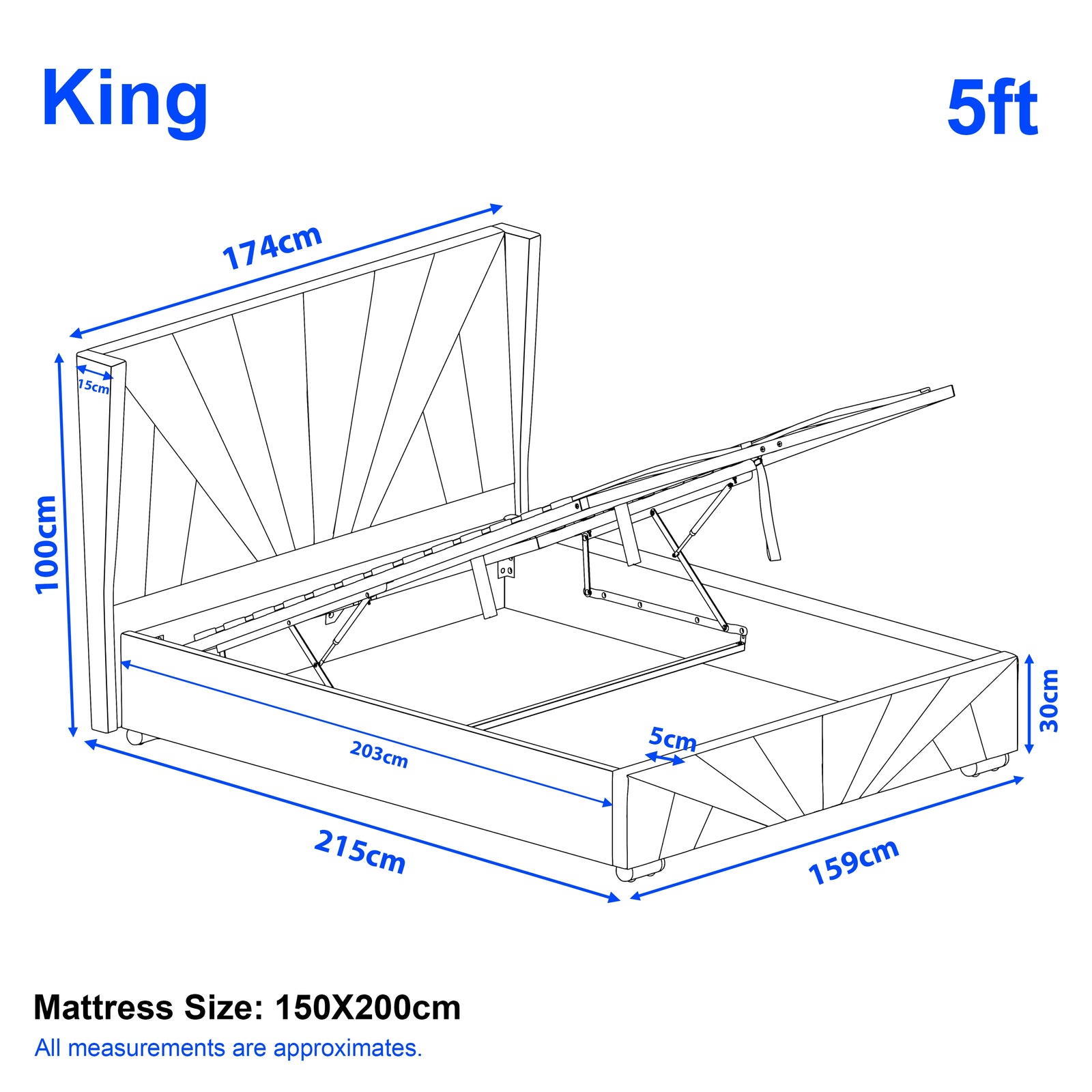[King | Silver] King crushed velvet ottoman bed dimensions: 215cm long, 159cm deep, 100cm tall, 150x200cm mattress