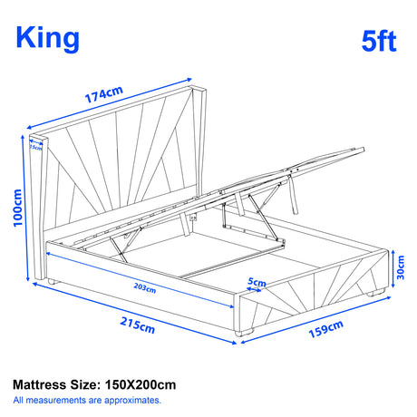 [King | Silver] King crushed velvet ottoman bed dimensions: 215cm long, 159cm deep, 100cm tall, 150x200cm mattress