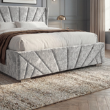 [King | Silver] Detail of pleated crushed velvet foot panels on King silver ottoman storage bed