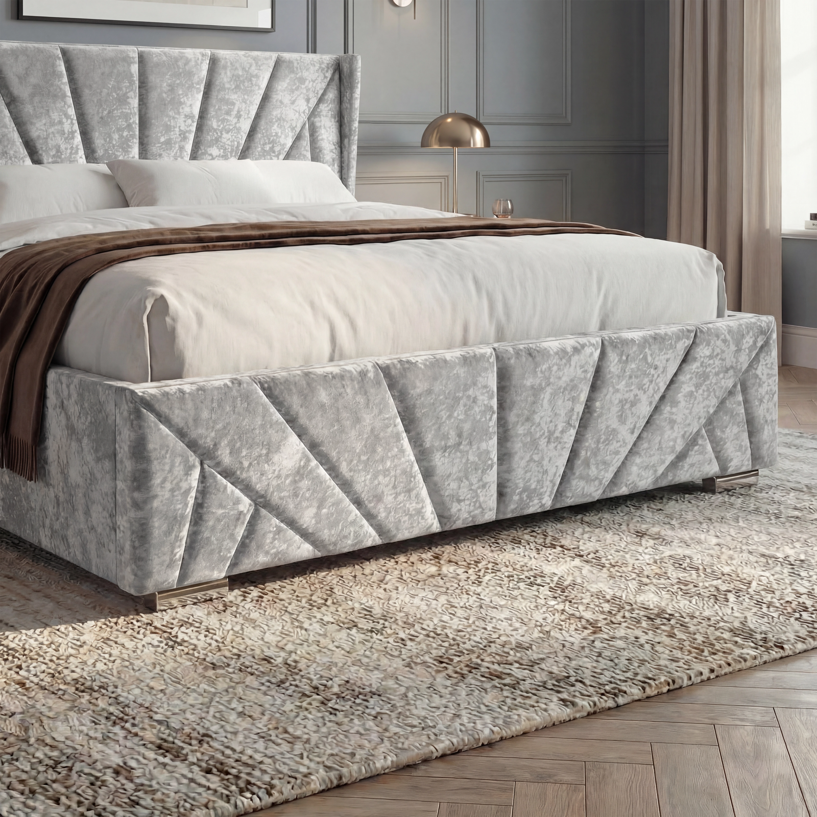 [Small Double | Silver] Detail of pleated crushed velvet foot panels on Small Double silver ottoman storage bed