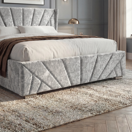 [Small Double | Silver] Detail of pleated crushed velvet foot panels on Small Double silver ottoman storage bed