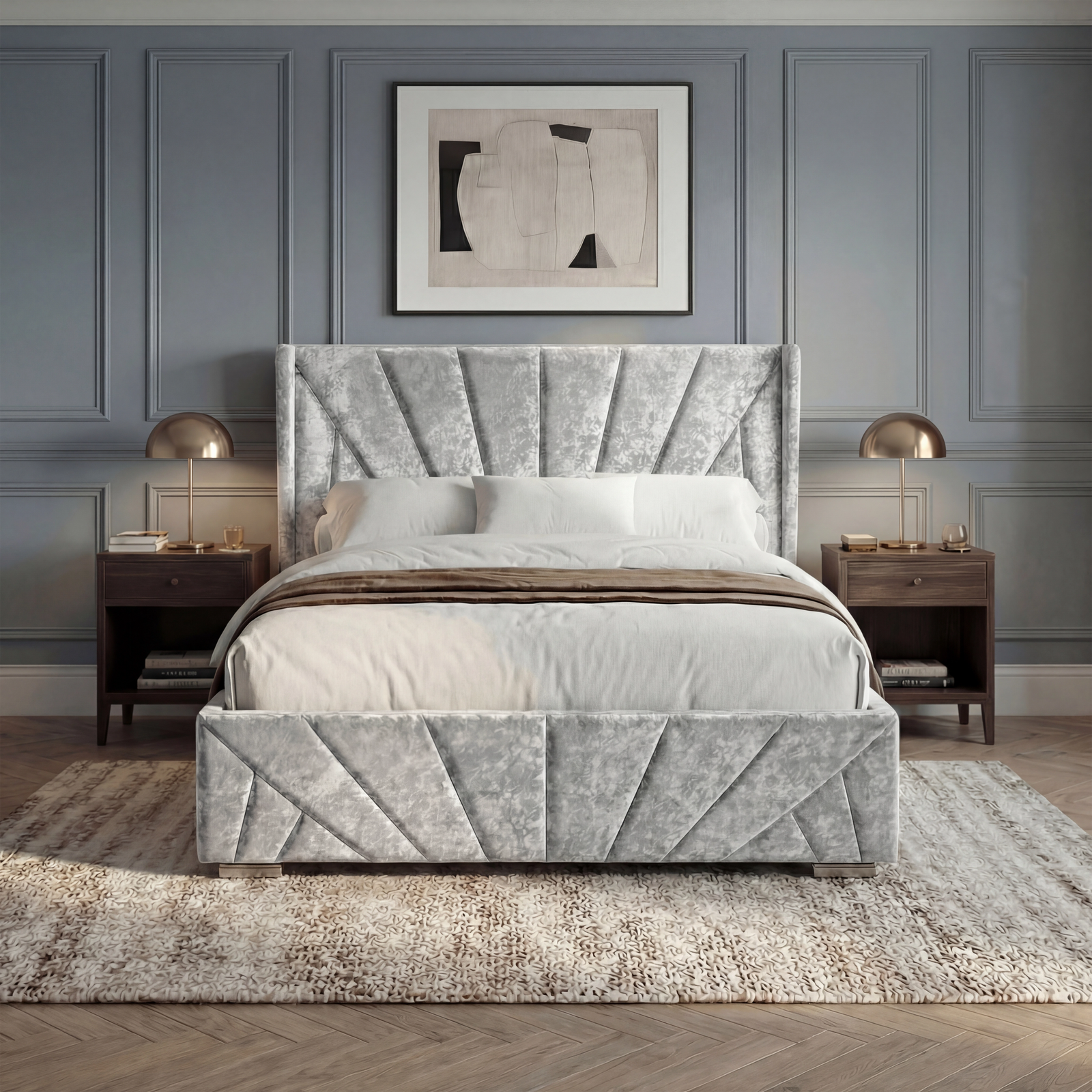 [Small Double | Silver] Front view of Small Double silver crushed velvet ottoman bed between walnut bedsides with brass lamps