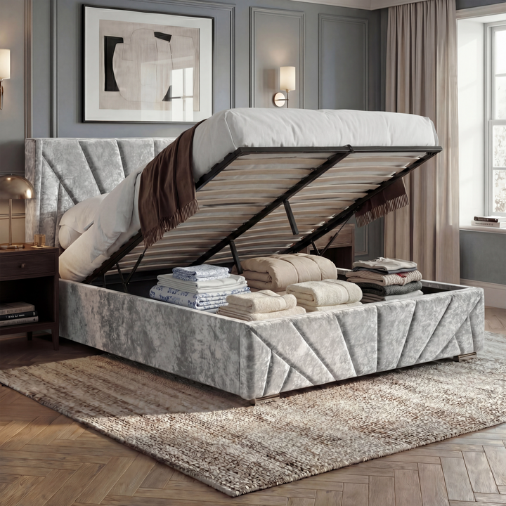 [Small Double | Silver] Open ottoman storage on Small Double crushed velvet bed in silver, mattress raised on gas struts