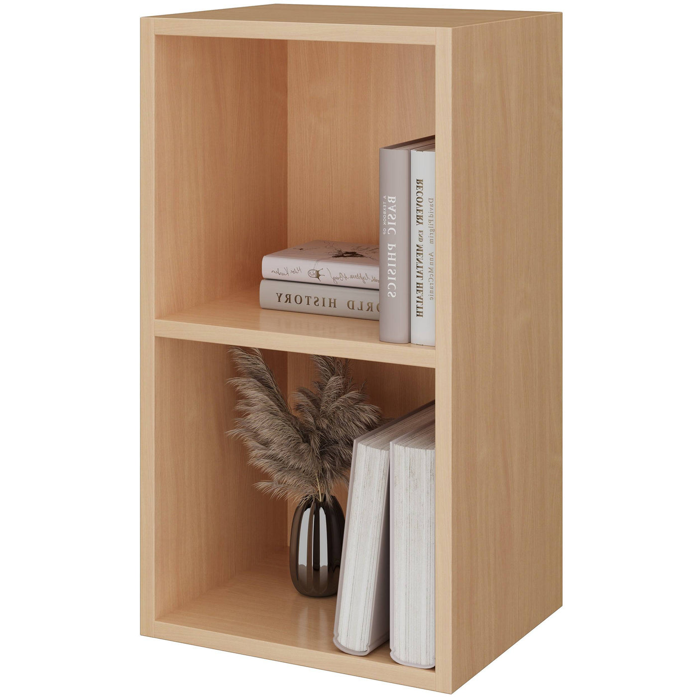 Natural wood Blisswood 2 shelf bookcase with books and vase, compact and stylish for home use.
