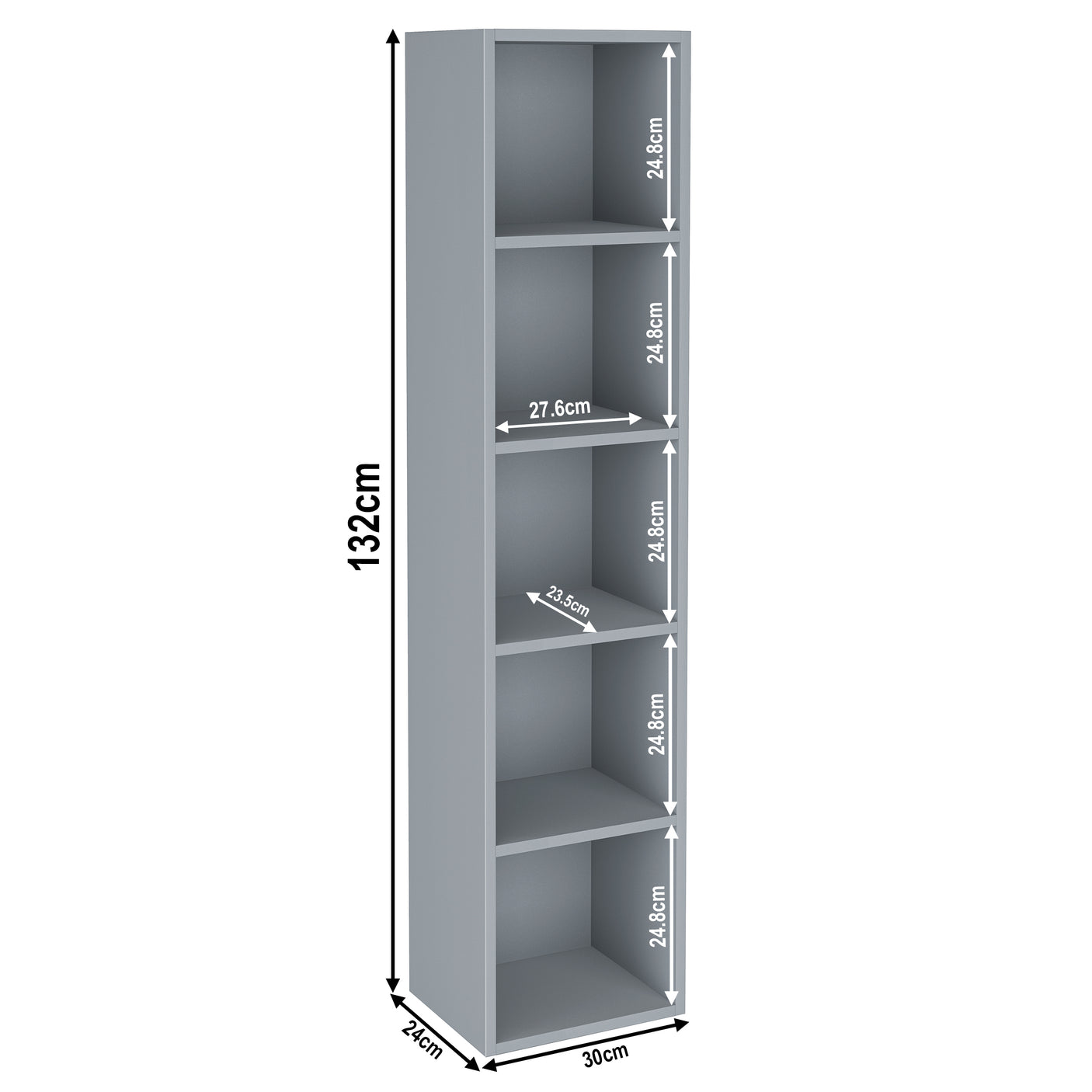 Dimensions of grey 5 Tier Bookcase Cube Storage Unit, 132cm height and 30cm width, perfect for narrow spaces.